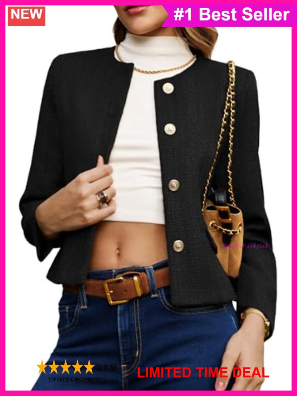 Cropped Tweed Blazer Collarless Button Down Business Casual Jacket